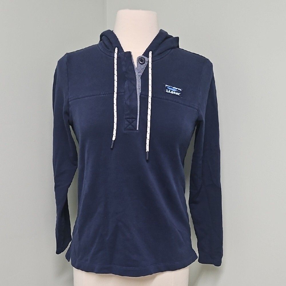 L.L.Bean Henley Rugby Hoodie Pullover Navy Blue Women's Soft Cotton Petite XS